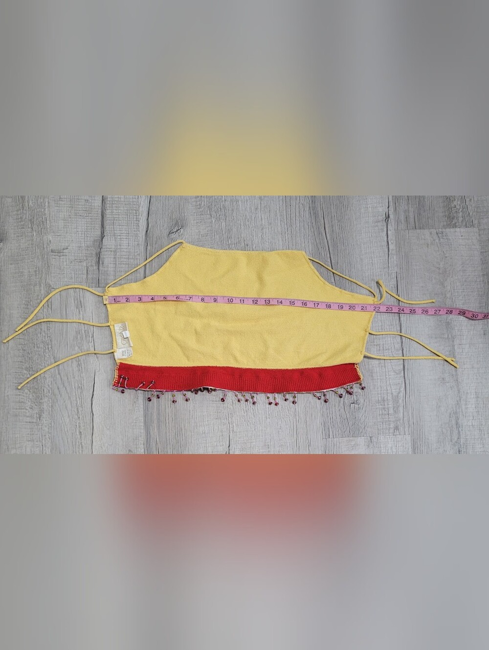 ​Vintage 90s Y2K Cache Yellow Beaded Fringe Open Back Cami Crop Top Large - Picture 10 of 13
